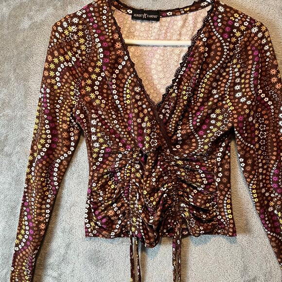 Vintage Y2K Brown Mesh Ruched Tie Front Long Sleeve Top Retro Floral Boho Small - Picture 3 of 5